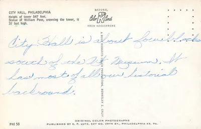 Ratusz, Filadelfia — widok z powietrza — wydawca K. F. Lutz, nr PHI 58 — Rewers