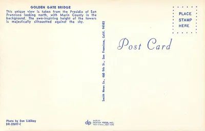 Ponte Golden Gate — vista do Presidio — Smith News Co. DR-32697-C — Verso
