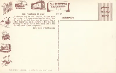 San Francisco w nocy — widok z Twin Peaks — wydawca Smith News Co. n° 5:SF-67 — Rewers