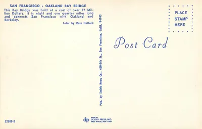 San Francisco - Oakland Bay Bridge — vista ao pôr do sol — Dexter Press, Inc. n° 52888-B — Verso