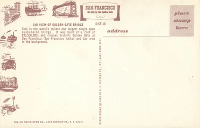 Vista aérea do Golden Gate Bridge — San Francisco, S.F. — editor H.S. Crocker Co. n°5:SF-19 — Verso