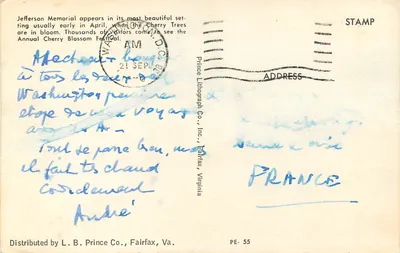 Memorial de Jefferson — cerezos en flor — Prince Lithograph Co., Inc., PE-55 — Reverso