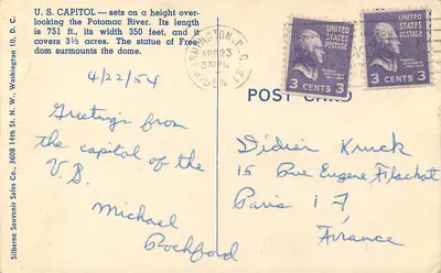 Capitólio dos Estados Unidos, Washington, D.C. — Siblerné Souvenir Sales Co. n° K7613 — Verso