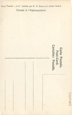 Caça ao hipopótamo — Etiópia — publicada por E. H. Schrenzel (Addis-Abeba) — Verso