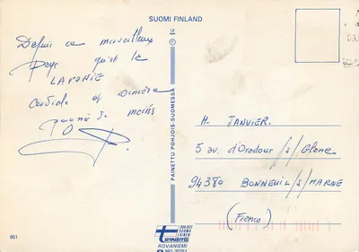 Mężczyzna w tradycyjnym stroju z rennem — Finlandia — wydawca Rovaniemi, nr 851 — Rewers