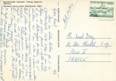 Zbieracze pszenicy w Pirkkala — Finlandia — Wydawca Eino Nikula, nr 289 — Rewers