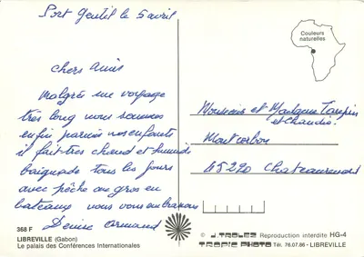 Palácio das Conferências Internacionais — Libreville (Gabão) — J. Trolez — Verso