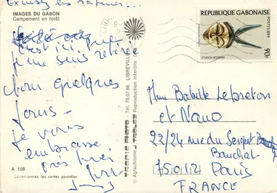 Campowanie w lesie — Gabon — Wydawca Tropic Photo J. Trolez, nr A 108 — Rewers
