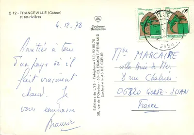Bilhete postal moderno Franceville (Gabão) e seus Rios Ogooué Djoumou M'Passa — Verso