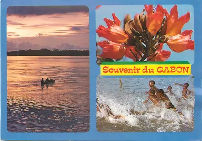 Crepúsculo no rio Ogooué — Tulipier d'água — Crianças brincando — Lembrança do GABON — Tropic'Photo