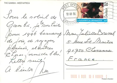 Vila gambiana — cabanas de argila e palha — editor desconhecido — Verso