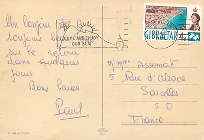 Gibraltar — widok wybrzeża i wzgórza — wydawca Kellator n°988/1 — Rewers