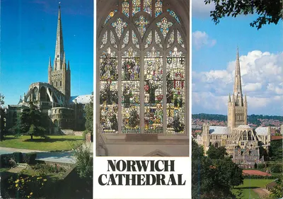 Catedral de Norwich — vista externa, vitrais e panorama — editor Jarrold & Sons Ltd, n° CKIN 29