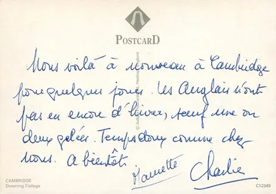 Downing College — Cambridge — PostcardD — Verso