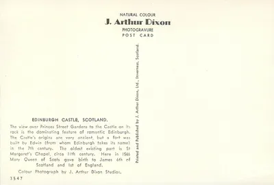 Zamek w Edynburgu, Szkocja — widok z ogródka Princes Street — J. Arthur Dixon — Rewers