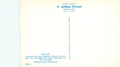 Edimburgo — vista geral a partir dos Crags d'Arthur — J. Arthur Dixon, n° 3501 G — Verso