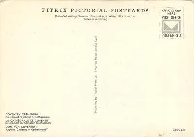 Kaplica Chrystusa w Getsemannie — Katedra w Coventry — wydawca Pitkin Pictorial Postcards, nr Co5/74/5 — Rewers