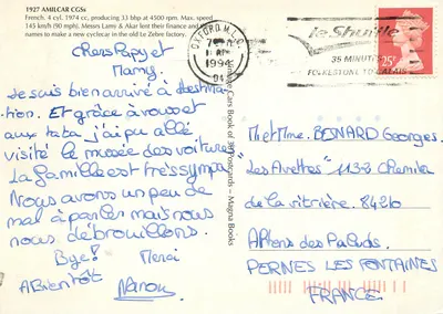 1927 AMILCAR CGS — francuski 4 cyl. 1974 cc — Książka klasycznych samochodów z 300 kartek pocztowych - Magna Books — Rewers
