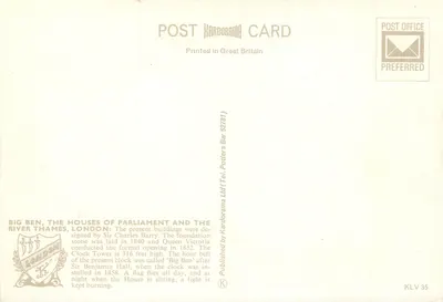 Big Ben, The Houses of Parliament and the River Thames, London — Kardorama Ltd. n° KLV 35 — Back