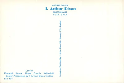 Stróż na posterunku, strażnicy konni — Whitehall — J. Arthur Dixon Ltd. n° 654 — Rewers