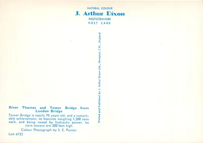 Rzeka Tamiza i Most Tower — widok z Londynu — J. Arthur Dixon, nr Lon 6153 — Rewers