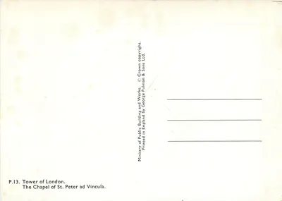 Kaplica św. Piotra ad Vincula — Wieża Londynu — wydawca George Pulman & Sons Ltd. — Rewers
