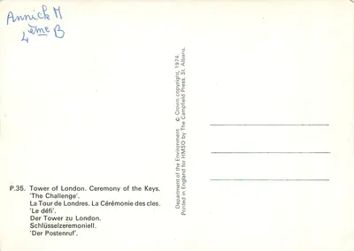 Torre de Londres — Cerimônia das Chaves — The Crownfield Press, St. Albans — Verso