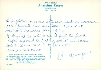 Casas do Parlamento e Big Ben — vista do Westminster Bridge — J. Arthur Dixon, n° 6656 — Verso