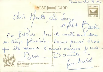 Londres — vue de Big Ben, la fontaine de Trafalgar Square et le Tower Bridge — éditeur POST KARDORAMA CARD — Verso