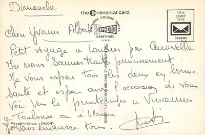 Piccadilly Circus — Londres — the Continental Colour Card, série CC24387 — Verso