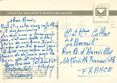Westminster Abbey — widok z Big Ben — seria Charles Skilton's Postcard n°24 — Rewers