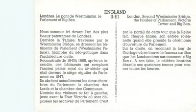 Londres. O ponte de Westminster, o Parlamento e Big Ben — Editor: Rehs Bell Beaumegantner Service S.A. Número de série: II-E1 — Verso