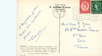 Londyn. Katedra Świętej Margarety, Westminister — wydawca J. Arthur Dixon, nr 419 — Rewers