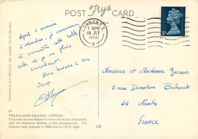 Trafalgar Square — Kolumna Nelsona i fontanny — A.V. Fry's Card n°23 — Rewers