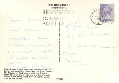 Sali Parlamentu i Mostu Westminster, Londyn — wydawca Colourmaster International, seria PT1092 — Rewers