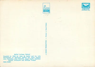 Balliol College, Oxford — editor Arthur Dixon Ltd, n° POX/21897 — Verso