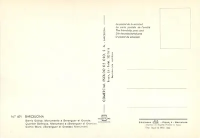 Barcelony - dzielnica Gotycka. Pomnik Berenguer el Grande — Wydawca Comercial Escudo de Oro, nr 691 — Rewers
