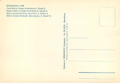 Casa Milà y Camps — obra de Antoni Gaudí — editor ZERKOWITZ, n° 2.108 — Reverso
