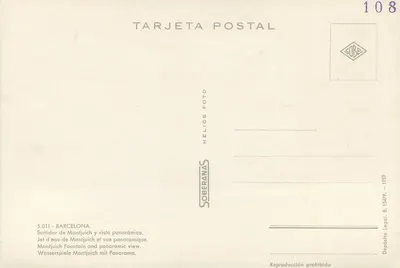 Montjuïch — Fontanna i panorama — Helios Foto, nr 5.011 — Rewers