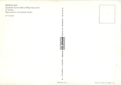Barcelonę — Odtwórczość statku Santa María — wydawca Pelayo, nr B 050 — Rewers