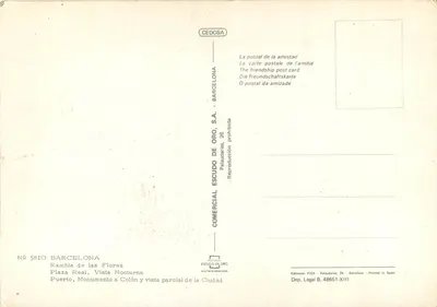 Barcellona — Rambla de las Flores, Piazza Reale notturna, Porto e vista panoramica — Editore Comercial Escudo de Oro, n° 5810 — Verso