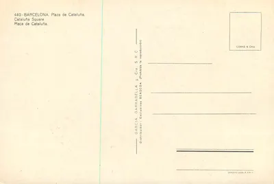 Barcelonę — Plac Catalunya — widok z powietrza z fontanną i charakterystycznymi budynkami — wydawca Garcia Garrarrella & Cia S.R.C. — Rewers