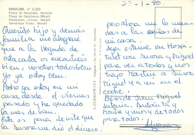 Plac Catalunya — szczegół statuy i tulipanów — A. Zerkowitz, n° 2.523 — Rewers