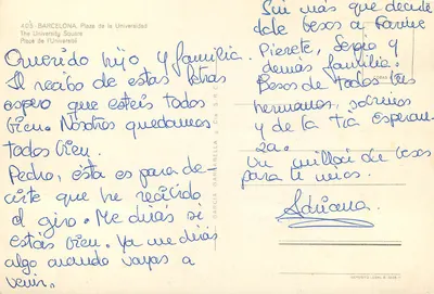 Barcelonę, Plaza de la Universidad — widok miejski z tramwajem i budynkami — wydawca García Garnabella y Cía. S.R.C., nr 405 — Rewers