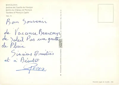 Barcelona — Gardens of the Montjuïc Castle — No. 73, publisher Pelando — Back
