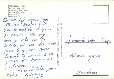 Parque del Laberinto — Barcelona — A. Zerkowitz — Verso