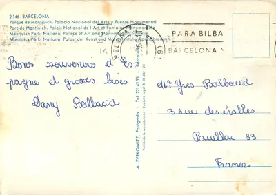 Nowoczesna pocztówka Barcelonę — Park Montjuich — Narodowy Pałac Sztuki i Monumentalna Fontanna — Rewers