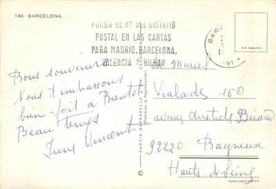 Barcelone — widok panoramiczny z liter tworzących nazwę — wydawca A.G. Cobas, S.A. — Rewers