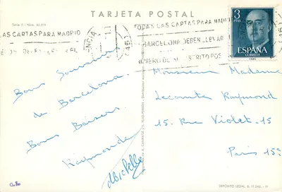 Barcelonę — widok panoramiczny z katedrą, portem, fontanną i kolumną — wydawca A. Campaña y J. Puig-Ferrán, seria II n° 50.019 — Rewers