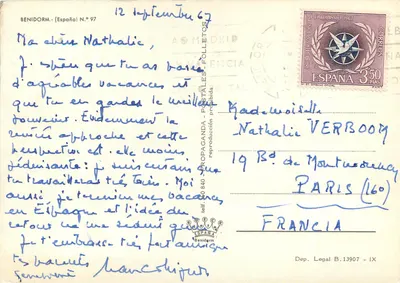 Benidorm - España — vista de la playa y palmeras — editor Propaganda, N° 97 — Reverso